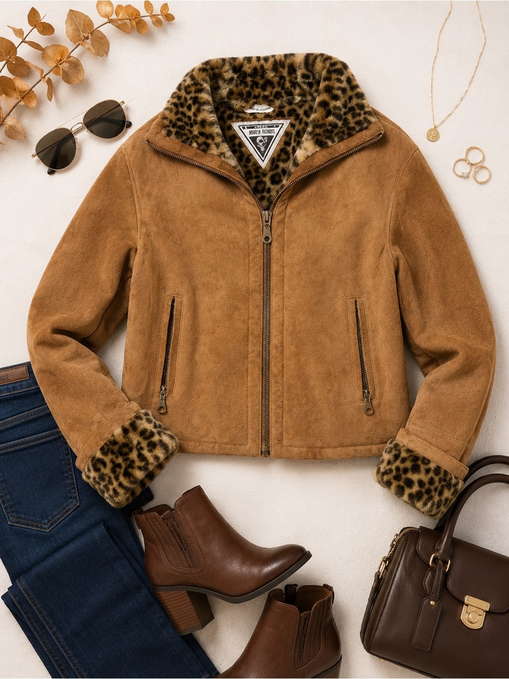 Marvin Richards Tan Suede Jacket with Leopard-Print Trim